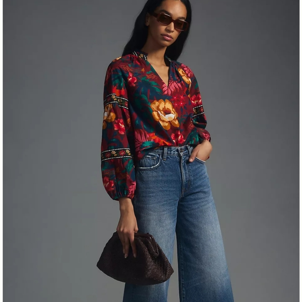 Farm Rio Floral Print Cotton V-Neck Poplin Top/Blouse